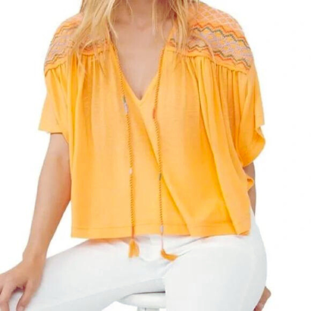 FREE PEOPLE Market Tee Carrot Ginger Orange Embroidered Boho Crop Top Medium NEW
